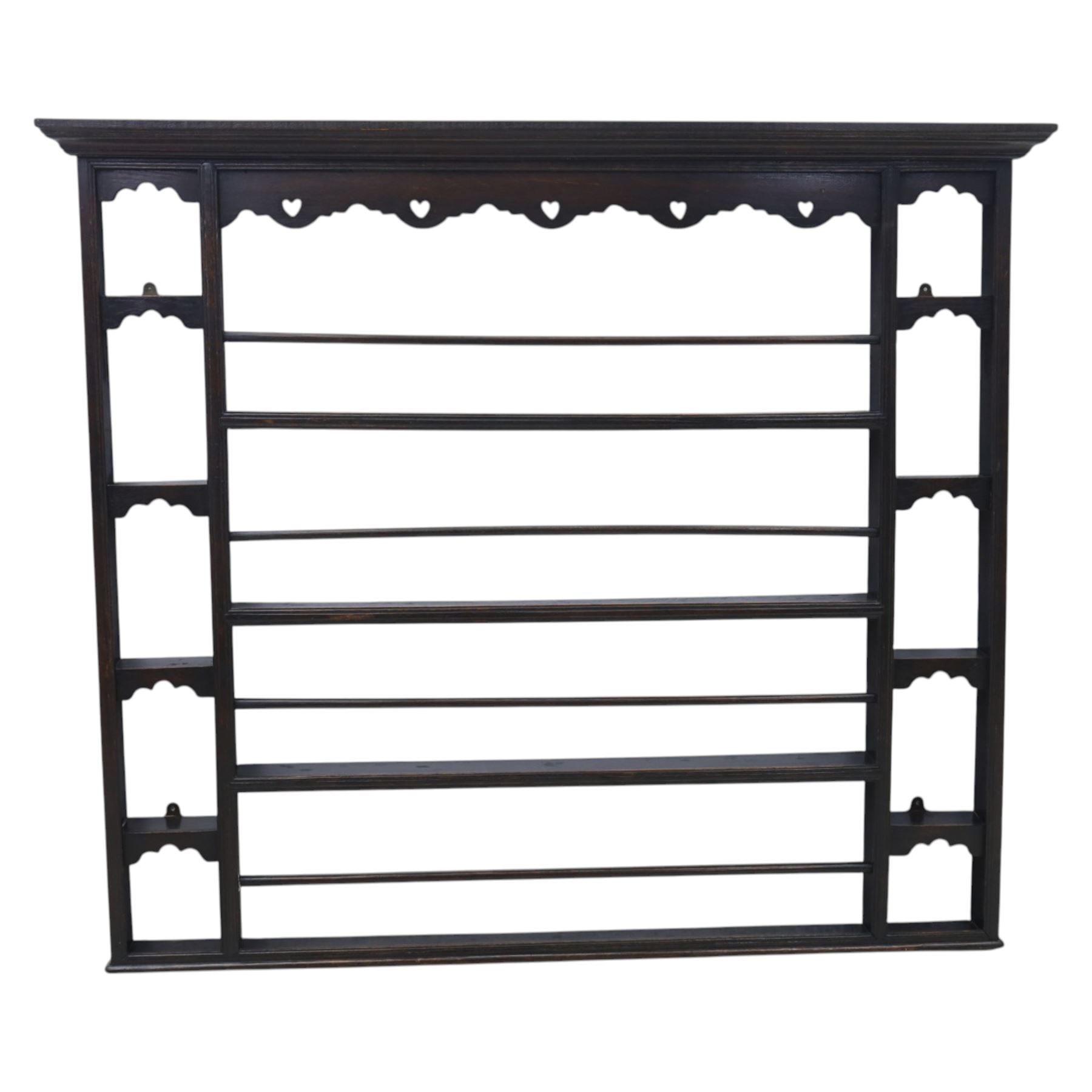 Large 18th century oak plate rack, fitted with narrow pigeon hole shelves to either side, with four central shelves and bars