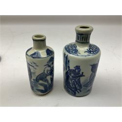 Early 20th century Chinese blue and white porcelain box and cover, of compressed circular footed form, decorated with figure upon the back of a stylised animal, with remnants of red wax seal beneath, together with two early 20th century Chinese blue and white jars, each with figural decoration, largest jar H10cm