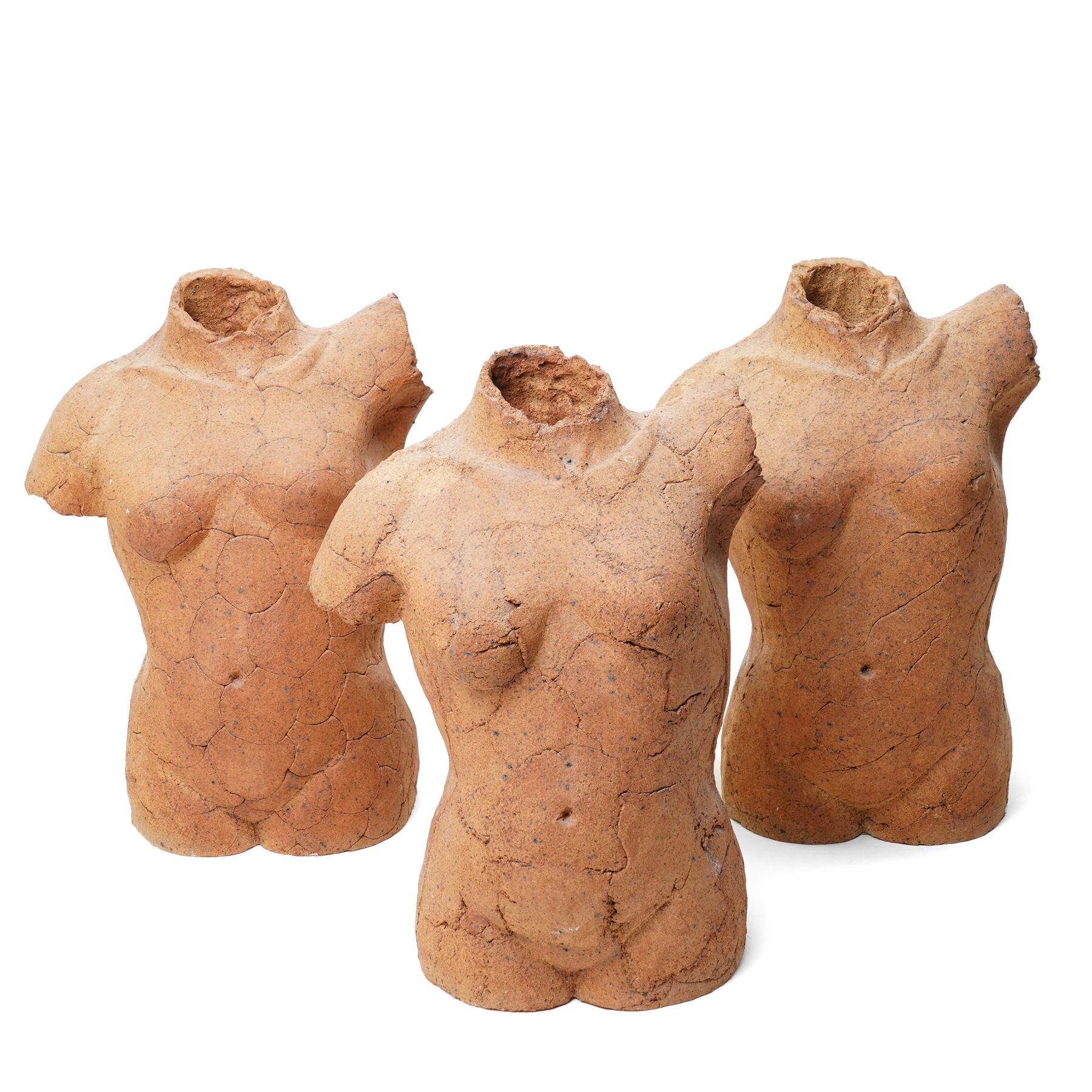 English School (Contemporary): Three Female Torsos, set of clay and sand hollow sculptures, approx H38cm (3)
