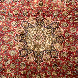 Central Persian Kashan hand-knotted carpet, crimson ground, with a large central ivory and dark navy floral medallion with pendants, surrounded by dense scrolling foliate and floral motifs incorporating rosettes, palmettes and vine work, enclosed by ivory spandrels and a dark navy border with repeating palmettes and meandering vines, flanked by floral guard stripes