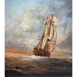 Michael J Whitehand (British 1941-): Galleon at Sunset, oil on canvas signed and dated '79, 72cm x 62cm