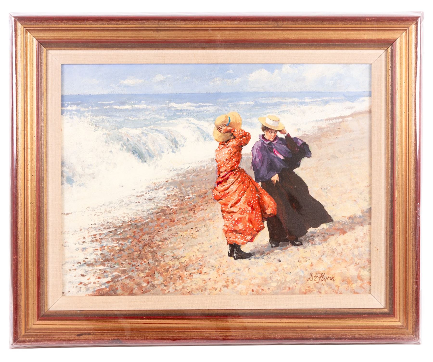 Dianne Elizabeth Flynn (Northern British 1939-): Ladies on a Windy Beach, oil on canvas signed 29cm x 39cm 
Provenance: with The Unicorn Gallery, Wilmslow, label verso