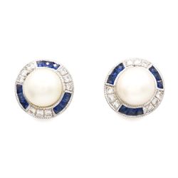 Pair of pearl, sapphire and diamond milgrain set earrings, each stud set with a cultured w...