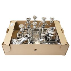 Silver plated items including four piece tea set, pair of candelabra, pair of candlesticks...