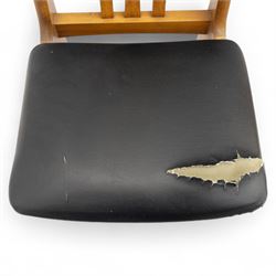 Sutcliffe of Todmorden - mid 20th century ‘S-Form’ teak dining table and chairs, the circular storable extending table with plain veneered top on tapered supports, together with matching dining chairs upholstered in black vinyl, with curved slat backs and shaped front supports, reflecting the sleek organic styling characteristic of 1960s British modern furniture design (Chairs H 93cm, W 46cm, D 46cm) (Extended 168cm)