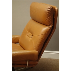  1970s pair swivel armchairs, upholstered in burnt orange leather, five spoke chrome bases, W75cm, H91cm  