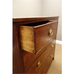  George III mahogany chest, rectangular cross banded top above two short and three long drawers, shaped apron with splayed bracket feet, W108cm, H107cm, D58cm  