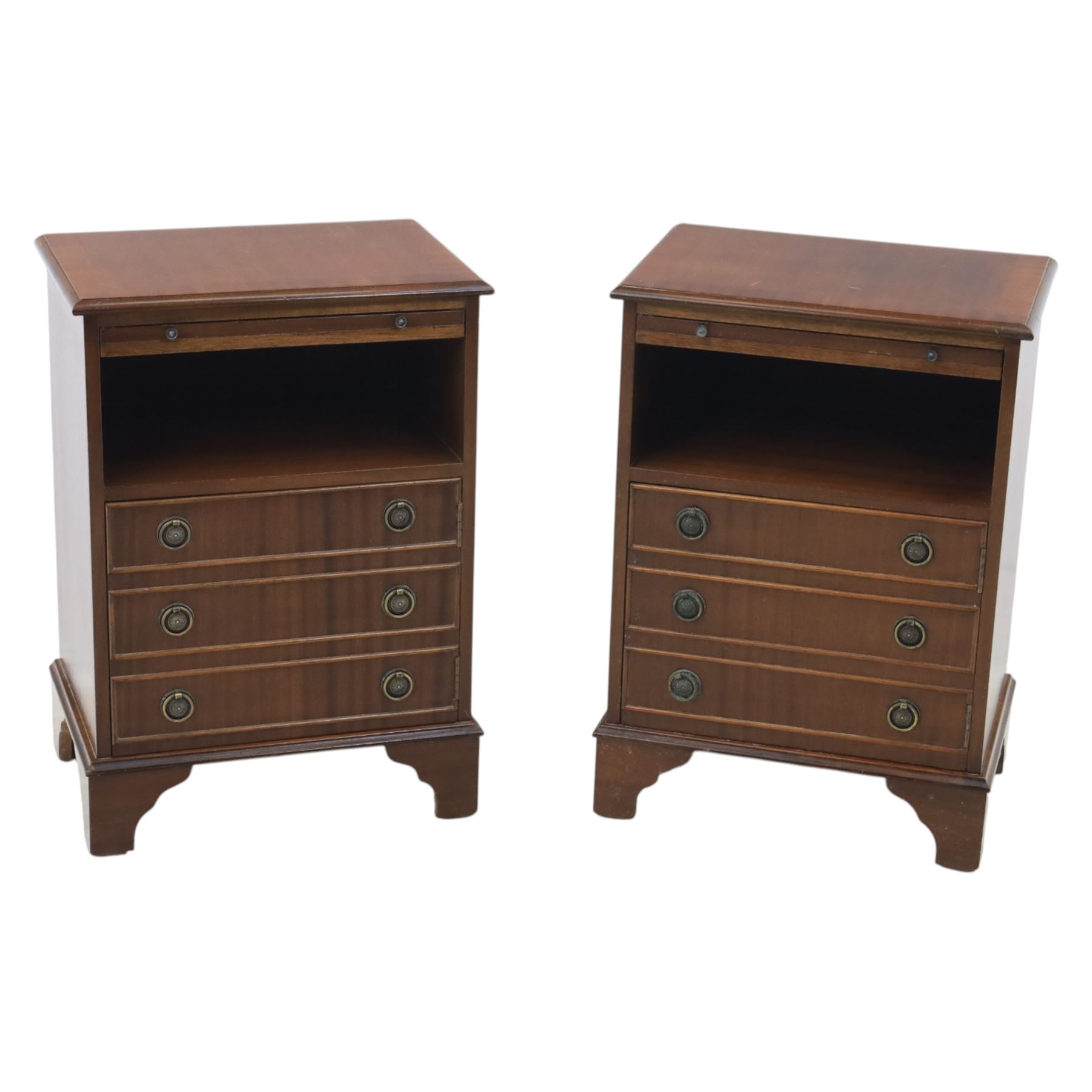 Pair of mahogany bedside lamp tables, fitted with slide, open shelf and three drawers