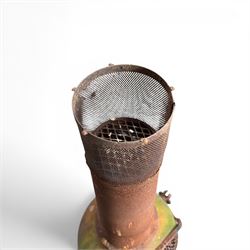 Garden chiminea, with mesh front spark guard, flue chimney on three splayed legs, in a weathered finish