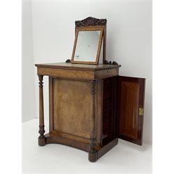 Early Victorian figured mahogany dressing cabinet, the raised shell and scroll carved back lifts to reveal rectangular easel mirror with mahogany band, flat rectangular top with tooled leather inset, slide at each side with matching leather inset, full width drawer above cupboard enclosing a series of five drawers, turned front supports, panelled front, sides and back