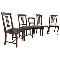Pair of Edwardian inlaid side chairs, carved pierced splats with tartan drop-in seats (W45cm H98cm); pair mahogany Georgian design side chairs with cabriole supports; Victorian balloon back chair with scroll decoration (5)