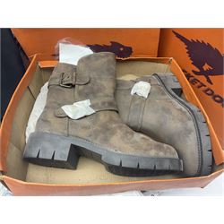 Ex shop stock - three Karen Millen ladies long black wool coats, size 18; four pairs of Rocket Dog ladies leather boots, size 8; and five pairs of Aubin gents trousers, sizes 30-36 (12)