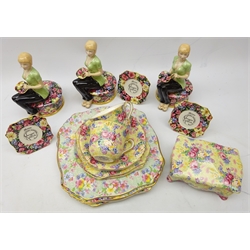  Three limited edition Florence figures from The Chintz Figure Series, each with plaques, set of four Royal Winton plates in four pattern variations Welbeck, Florence, Julia & Marion, Welbeck jewellery box and two trios, with original boxes  