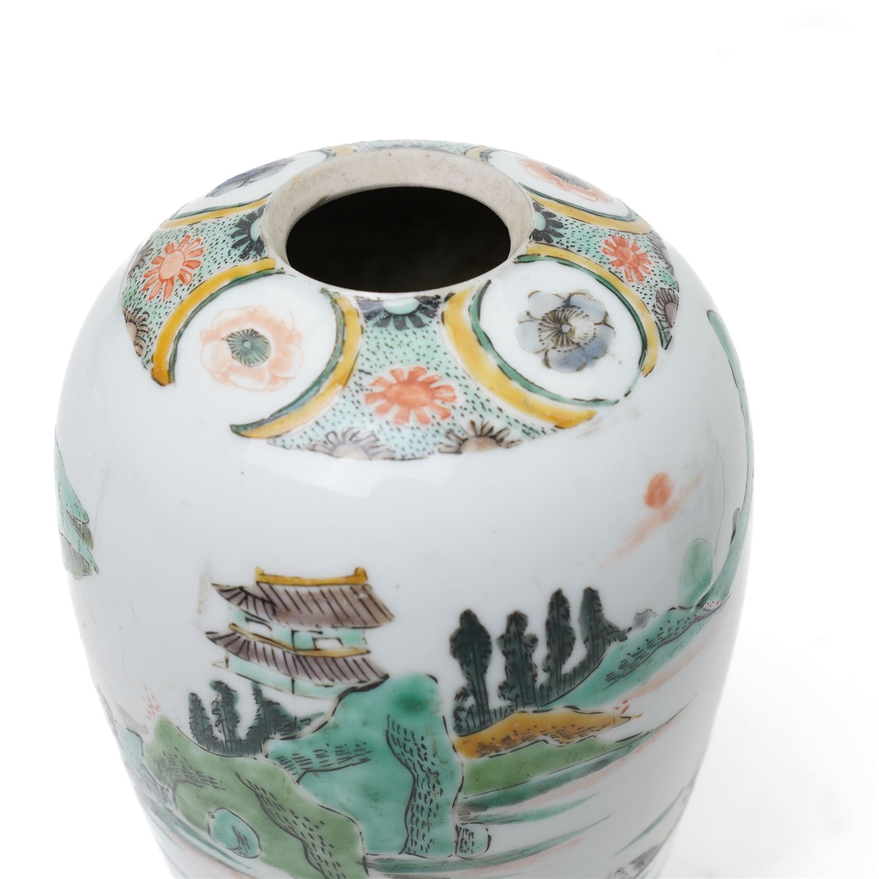 Chinese 18th/19th century Ming dynasty ceremonial teapot carrier, each side painted with scenes of ladies attending a tea ceremony, the internal teapot also painted with ladies in traditional dress, H13cm; together with a Chinese famille verte vase, painted with a traditional landscape, archaic mark to base, H14.5cm 