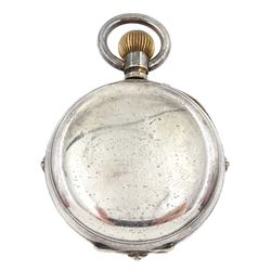 Early 20th century nickle cased goliath moonphase lever pocket watch, white enamel dial with Roman numerals three subsidiary calendar dials and a seconds moonphase dial