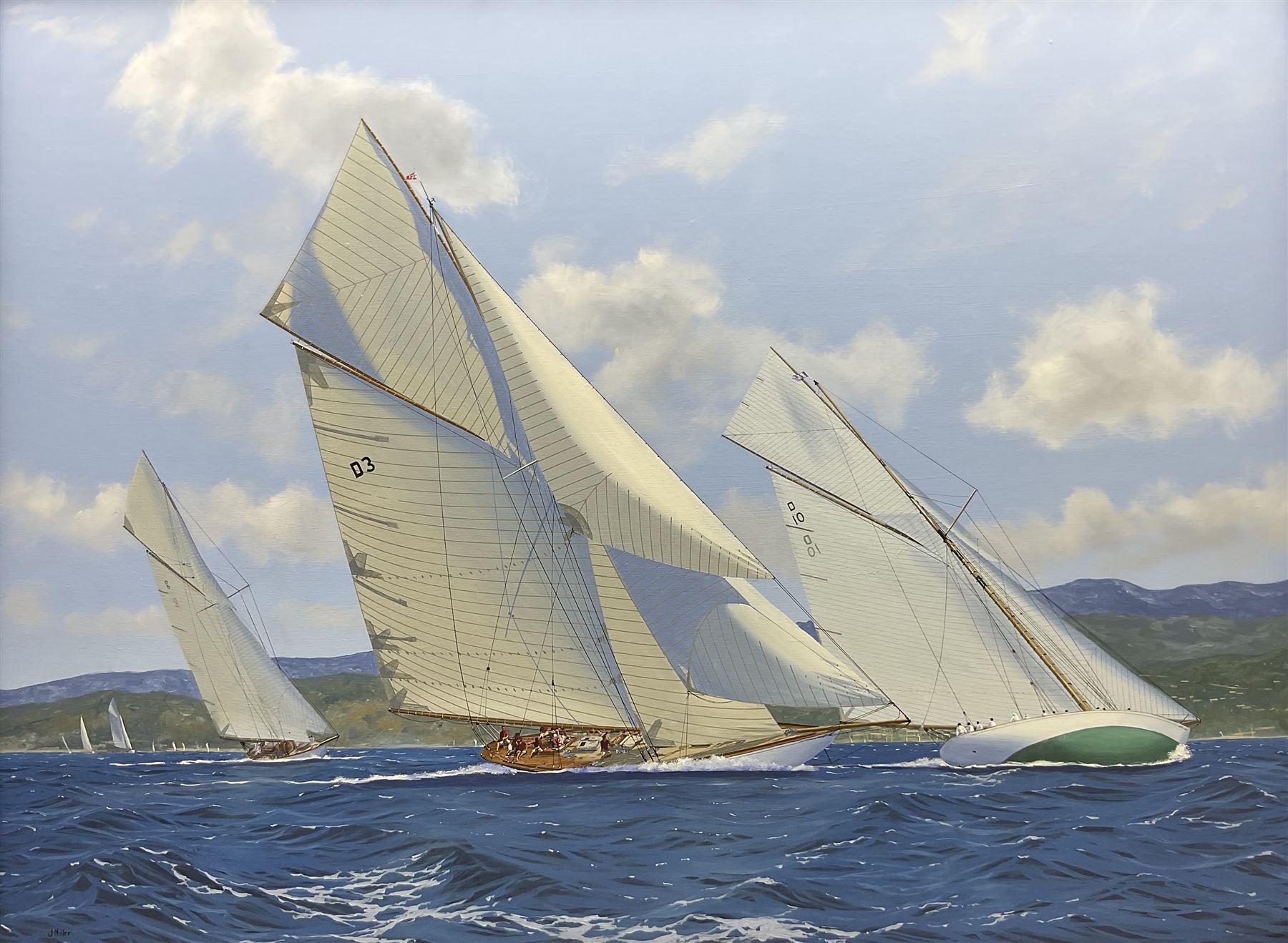 James Miller (British 1962-): 'Hispania D5 Tuiga D3 and The Lady Anne D10 - Semana Clásica de Puerto Sherry 2012', oil on canvas signed, titled verso 75cm x 100cm