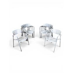 Set of eight mid-20th century painted aluminium garden armchairs, curved backs with shaped seat, stackable
