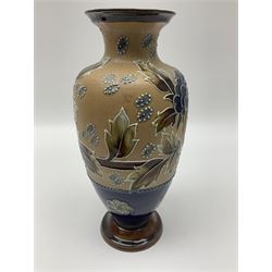 Lambeth Doulton vase of baluster form with floral decoration, together with Royal Doulton twin handled vase and jug, large vase H31cm
