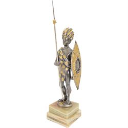 Italian limited edition silvered and gilt bronze figure of a Zulu warrior, with spear and ...