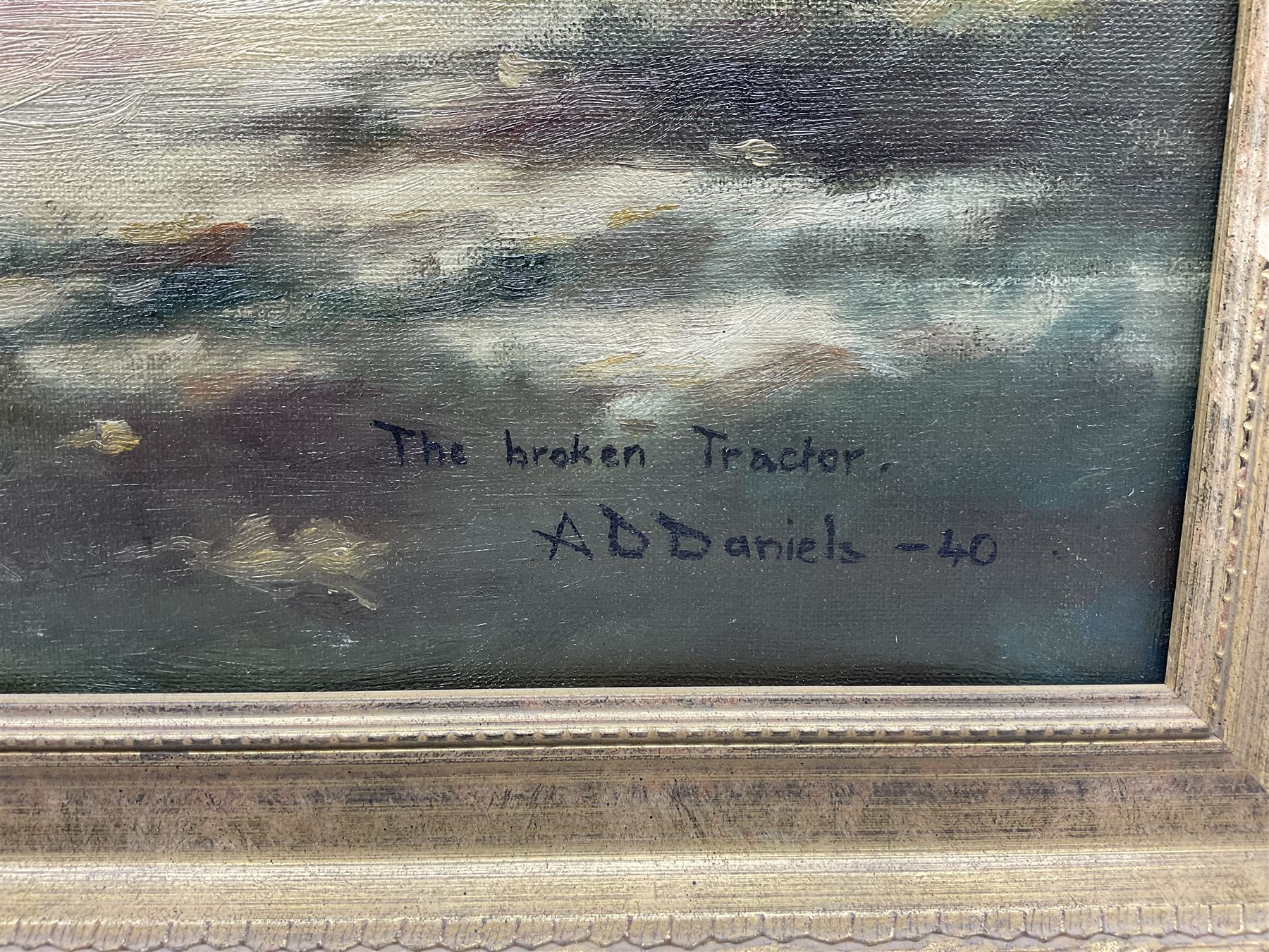 AD Daniels (British 20th century): 'The Broken Tractor', oil on canvas signed titled and dated '40, 50cm x 75cm