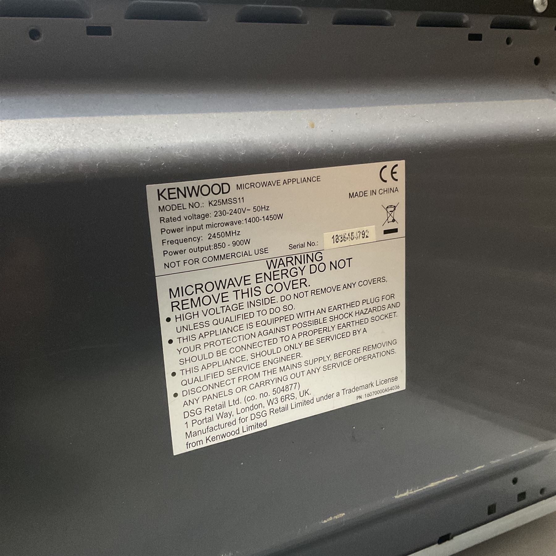 Kenwood 900w K25MSS11 microwave  - THIS LOT IS TO BE COLLECTED BY APPOINTMENT FROM DUGGLEBY STORAGE, GREAT HILL, EASTFIELD, SCARBOROUGH, YO11 3TX
