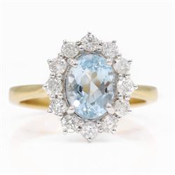 18ct gold aquamarine and diamond cluster ring, single oval cut aquamarine of approx 1.25 c...