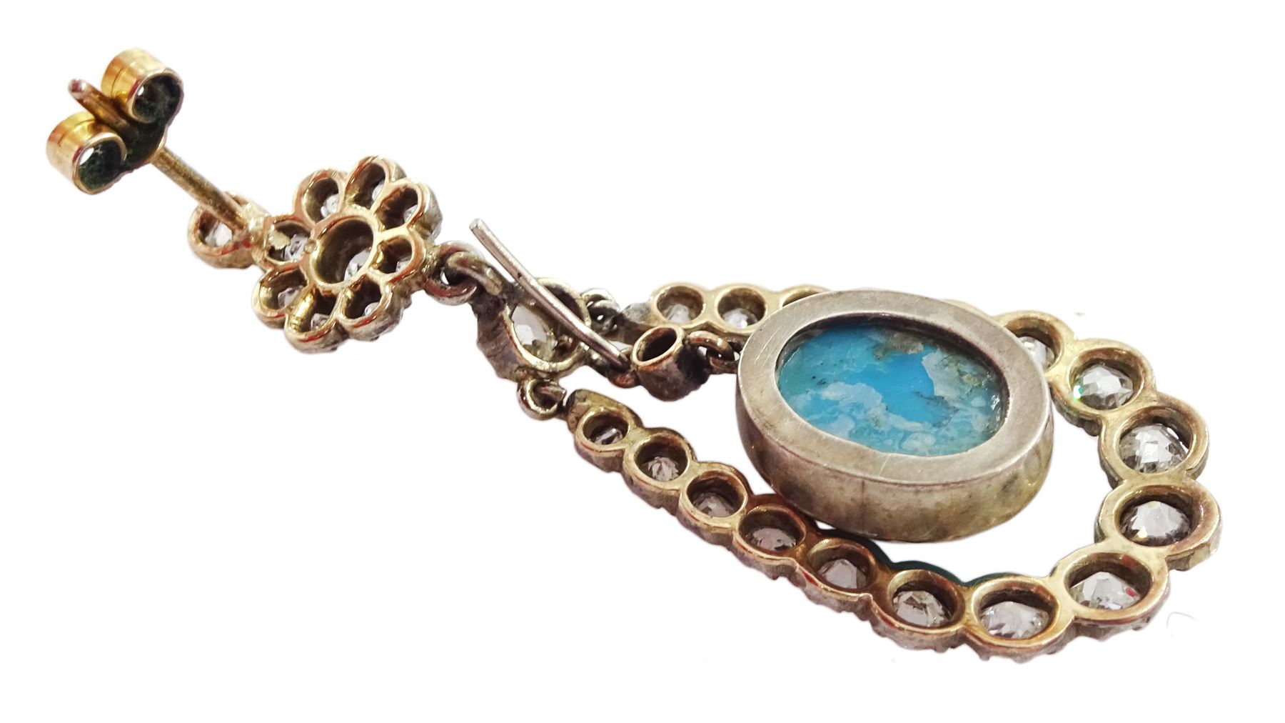 Pair of 19th / early 20th century gold and silver turquoise and old cut diamond pendant earrings, detachable oval cabochon turquoise pendants suspended within graduating diamond surround, total diamond weight approx 2.40 carat