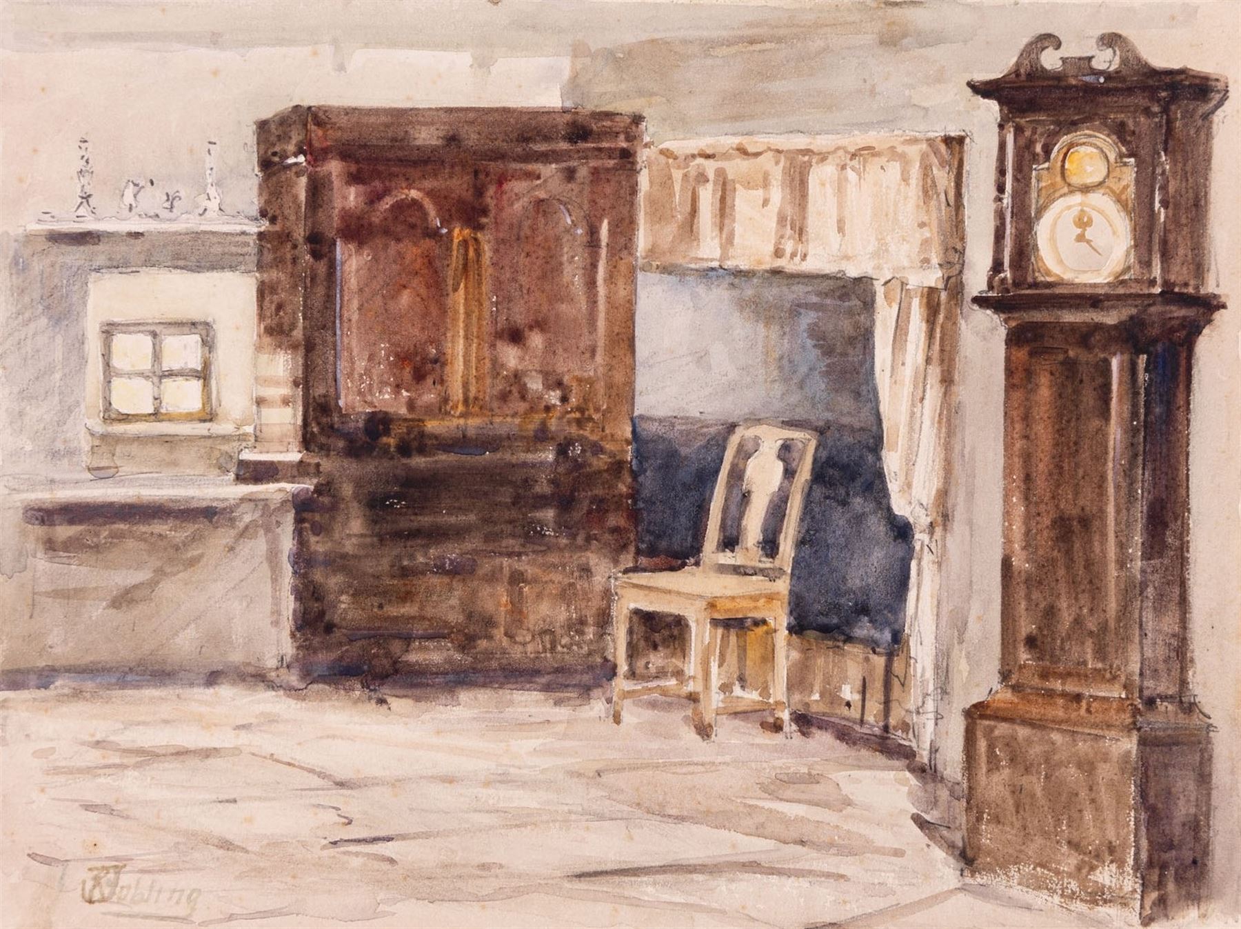 Robert Jobling (Staithes Group 1841-1923): 'Burns Cottage - The Auld Clay Biggin', watercolour signed, titled in the margin 21cm x 28cm (unframed) 
Notes: the picture depicts the interior of a cottage in Alloway, Ayrshire, the birthplace of Robert Burns. The same linen press and longcase clock can be seen in the picture of the same title by George Washington Brownlow (1835-76).