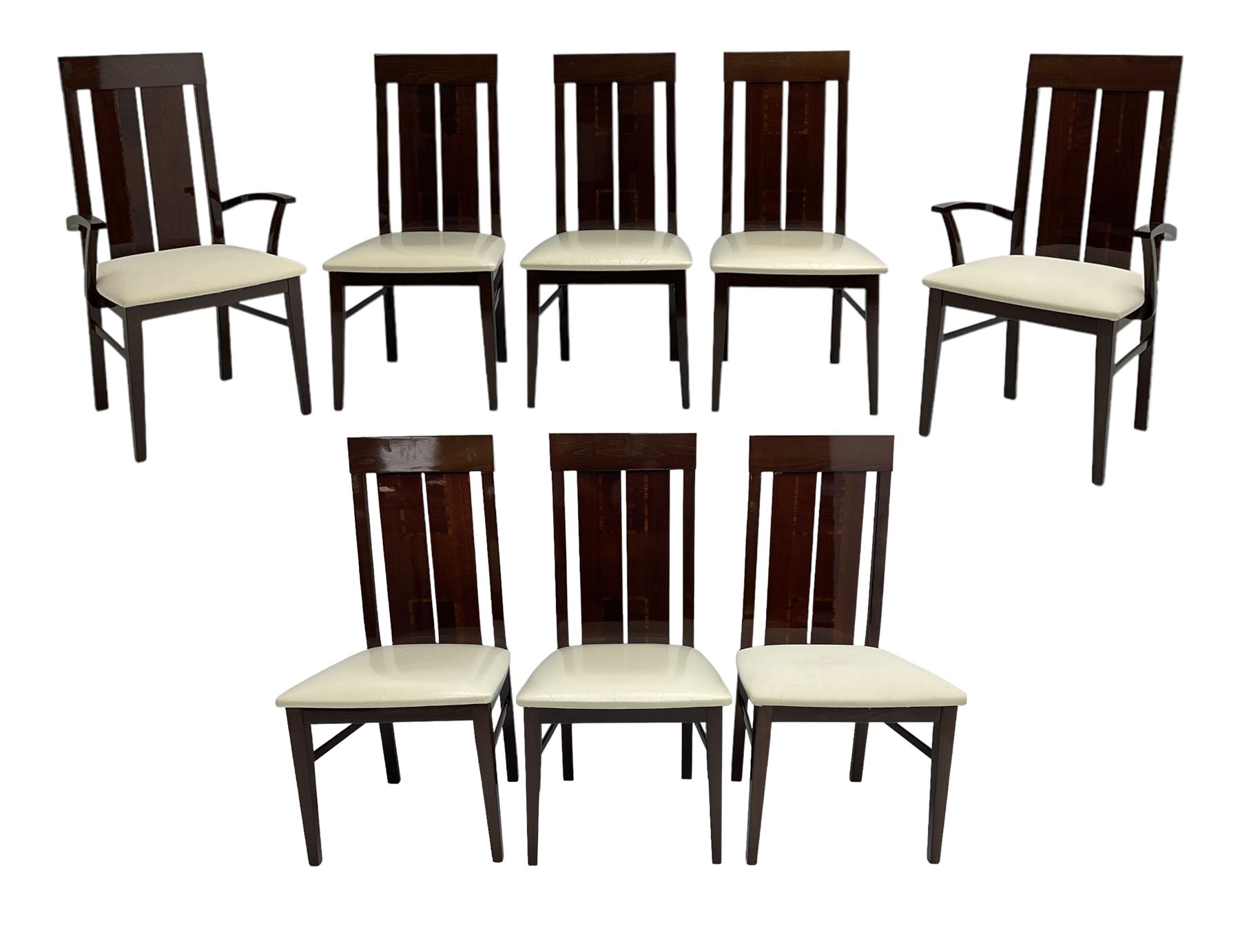 Large American walnut rectangular dining table on square block supports, together with set eight high back dining chairs with cream upholstered seats, the top and chair backs with matching inlaid geometric banding