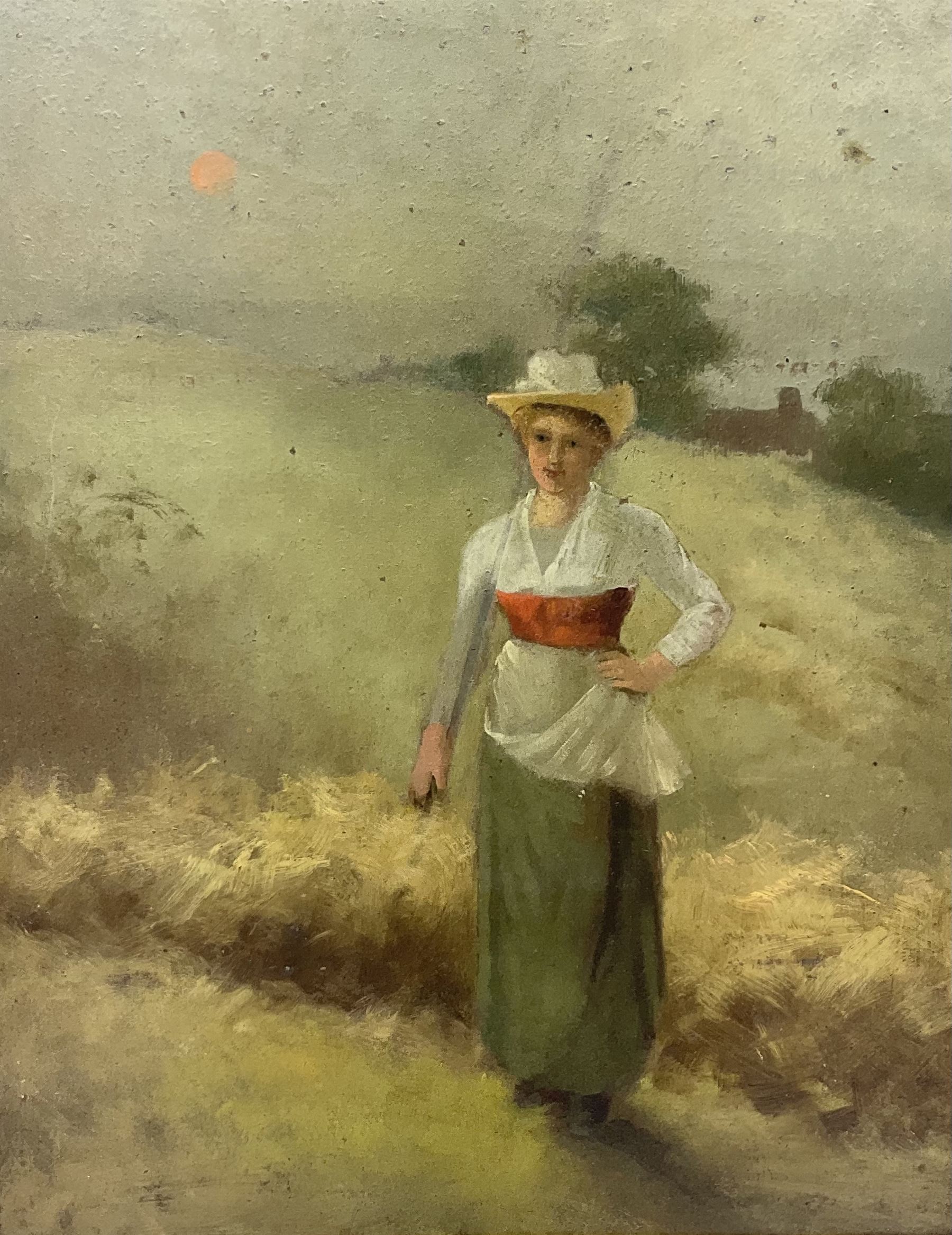 English School (19th century): Country Girl at Dawn, oil on board unsigned, verso William Joseph Boyes (British 1871-1919): 'Woman Feeding Chickens', watercolour signed and dated 1891, 50cm x 39cm