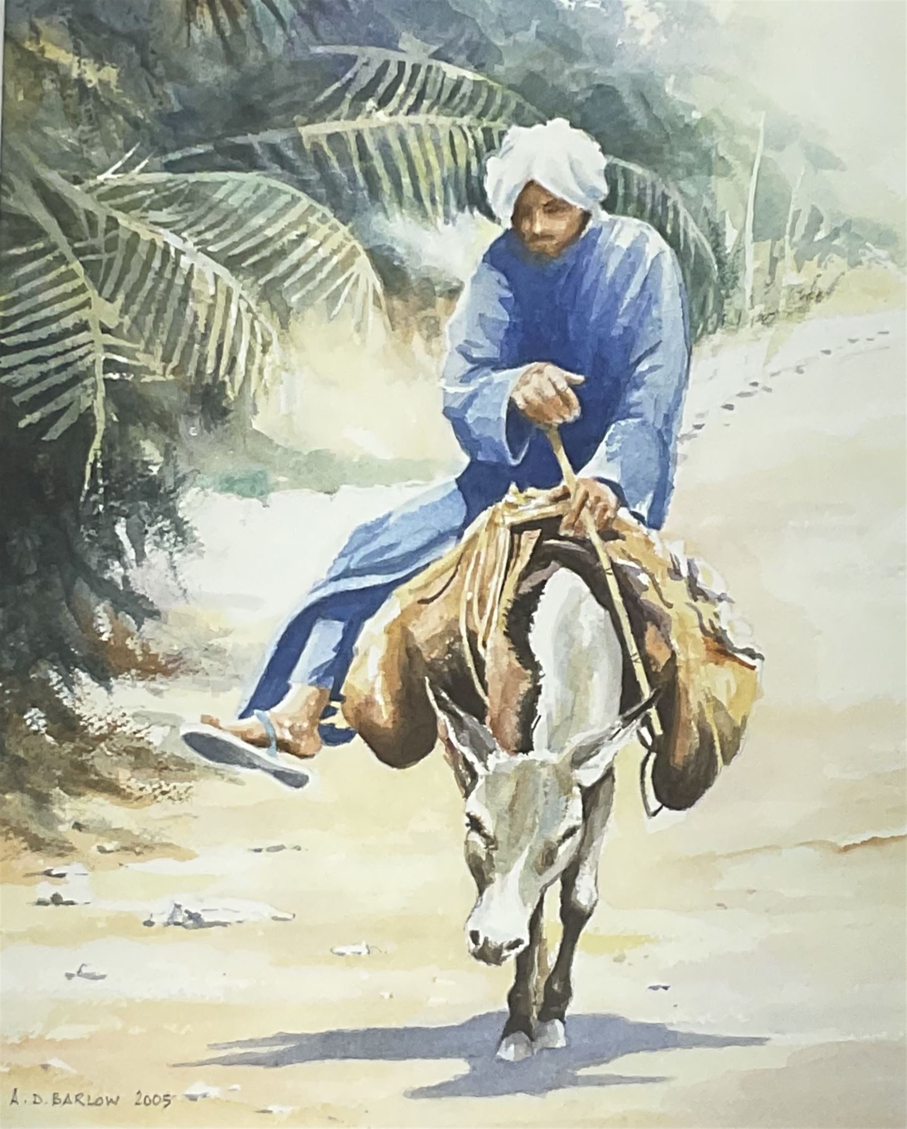 Andrew D Barlow (British contemporary): Man Riding Donkey, watercolour signed and dated 2005 together with Daphne Stevenson (British contemporary): Greenhouse Still Life, watercolour signed max 53cm x 35cm (2)