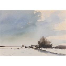 Edward Seago RWS RBA (British 1910-1974): Farmer with Dog in Winter Landscape, watercolour...