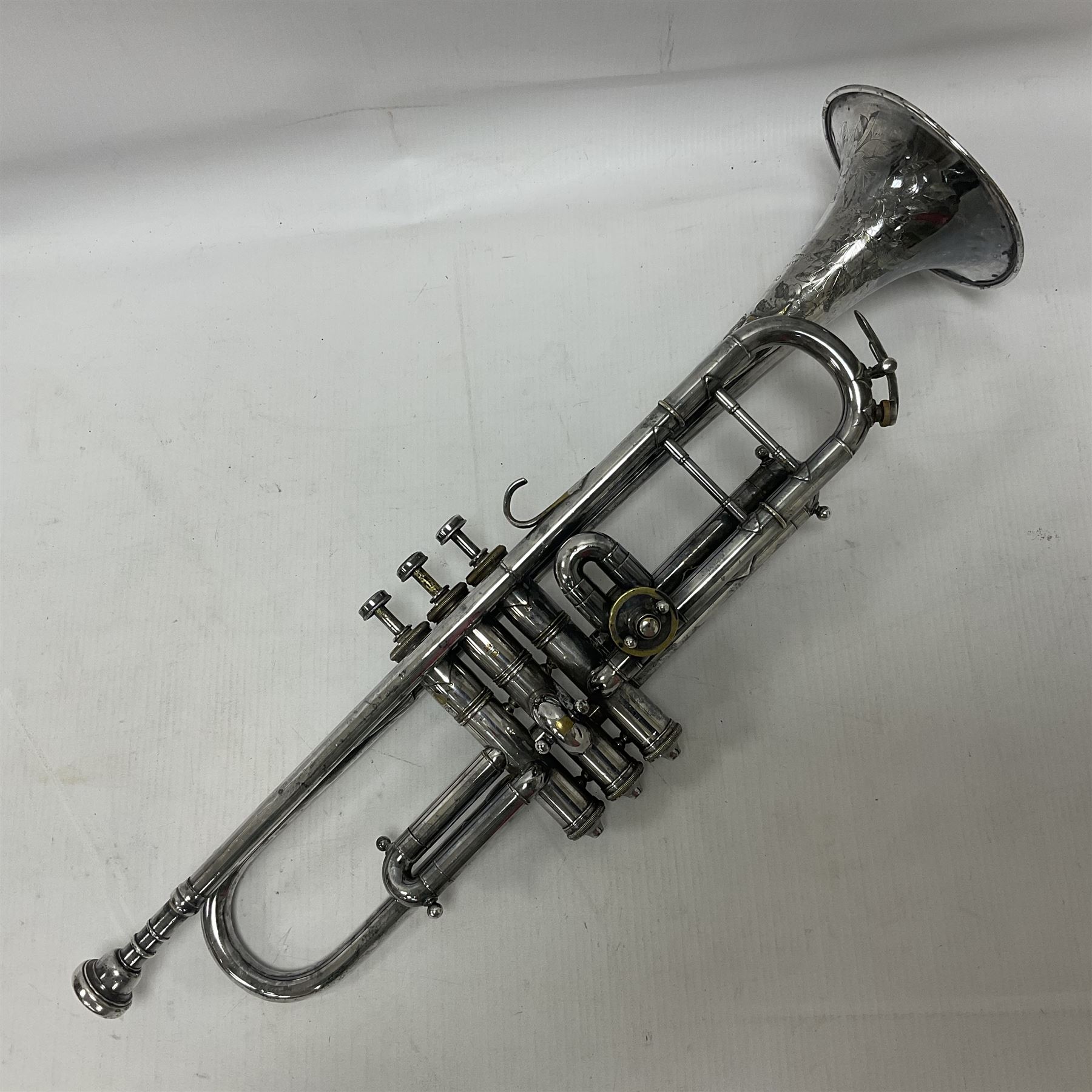 Victorian Class A silver plated trumpet retailed by Kitchen & Co,29 Queen Victoria Street Leeds, 1897 with mouthpiece/slide and in its original felt lined box
