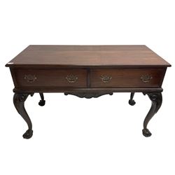 Acorn Industries - Georgian design mahogany side or console table, fitted with two cock-beaded drawers, foliate moulded apron, raised on scroll applied cabriole supports with ball and claw feet, inlaid with acorn signature, by Alan Grainger of Brandsby