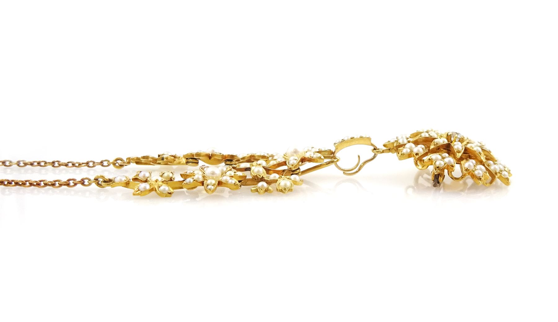 Edwardian 15ct gold split pearl flower head and foliate necklace, with detachable 18ct gold old cut diamond and split pearl flower head pendant, in fitted velvet and silk lined box
