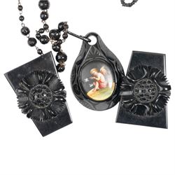 Gilt metal cameo brooch, Madonna and Child enamel pendant, Victorian jet pendant painted with an oval portrait of a cherub on French jet chain, jet collar necklace and jet style clips