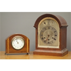  Early 20th century mahogany cased mantel clock with 'Gustav Becker' triple train driven chiming movement (H29cm), and an Edwardian mahogany mantel clock with inlay  