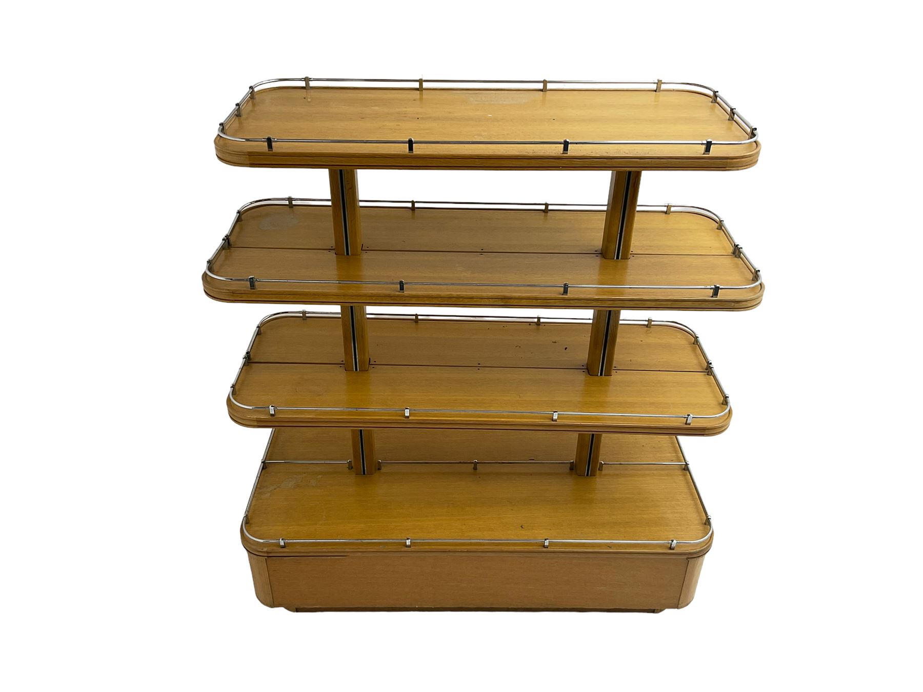 Early to mid-20th century Art Deco design oak shop display stand, fitted with four tiers, the middle two adjustable, with chrome gallery 