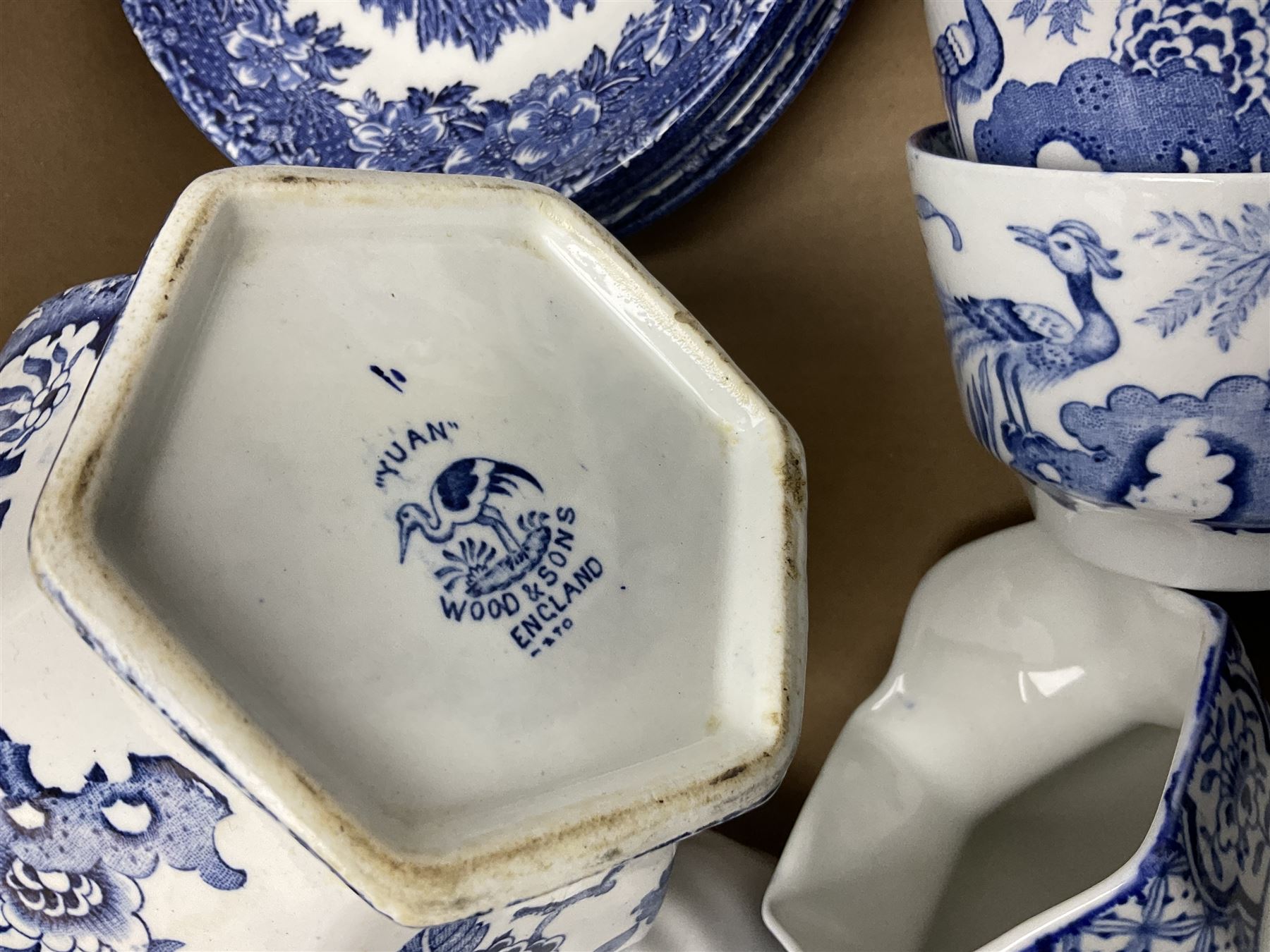 Large collection of blue and white ceramics, to include Spode Italian pattern with blue mark, Wood and Sons Yuan, pickle dish, Delft style etc, dinner plates, tea wares, bowls etc in six boxes