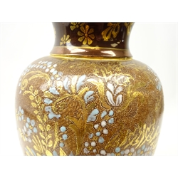  Doulton Lambeth stoneware vase of baluster form, decorated with gilded floral sprays on a textured chine gilt ground, possibly by Ethel Beard, impressed marks no. 8607, H36cm   