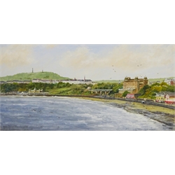  Nina Pickup (British 1947-): The Grand Hotel and South Bay Scarborough oil on canvas signed 30.5cm x 61cm unframed  