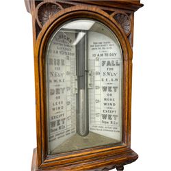 J Hicks - Hatton Garden London, - late 19th century carved oak cased Fitzroy barometer in a richly carved case with a carved crested pediment and square cistern cover, inverted opaline register reflecting FitzRoy's predictions and a scale from 27 to 31 inches of barometric pressure, with a thick bore cistern tube and adjustable rack and pinion twin vernier, fitted with a glazed snail bulb mercury thermometer recording the air temperature in both Fahrenheit and Celsius. Mercury clean and present.
James Joseph Hicks was born in Ireland, however, early in his life he moved to London where he was apprenticed to the instrument maker Louis P Casella. In 1860 he went into business in his own right as a scientific instrument maker at 8 Hatton Gardens. In 1864 he was granted membership to the British Meteorological Society and exhibited instruments at the Royal Society Exhibitions between 1876 and 1913. Hicks was one of London's most prolific and eminent barometer makers. 