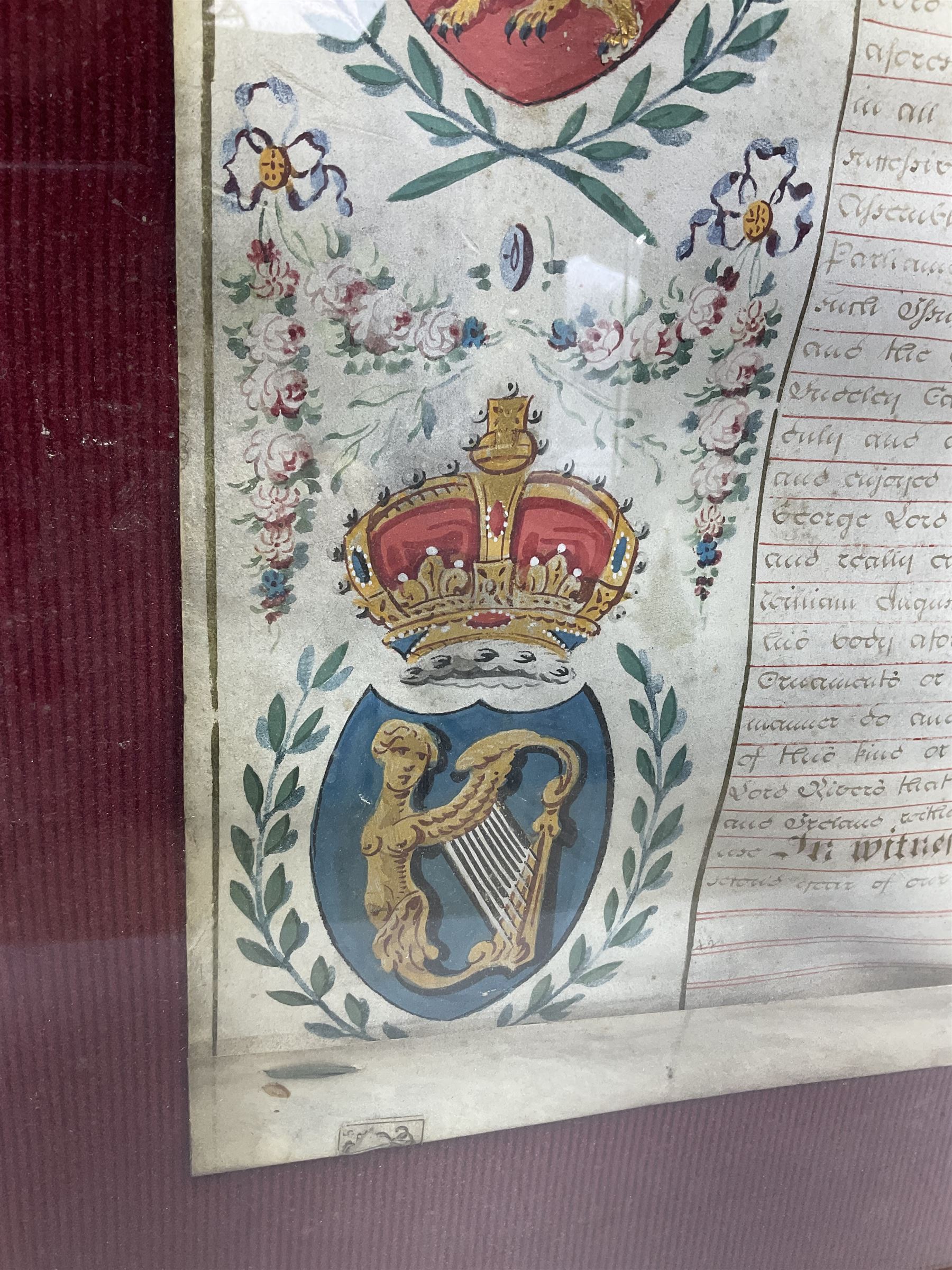 Large 18th century framed and glazed Indenture for King George III to George Rivers, Lord Rivers of Straths Saye, including frame H92.5cm L107.5cm