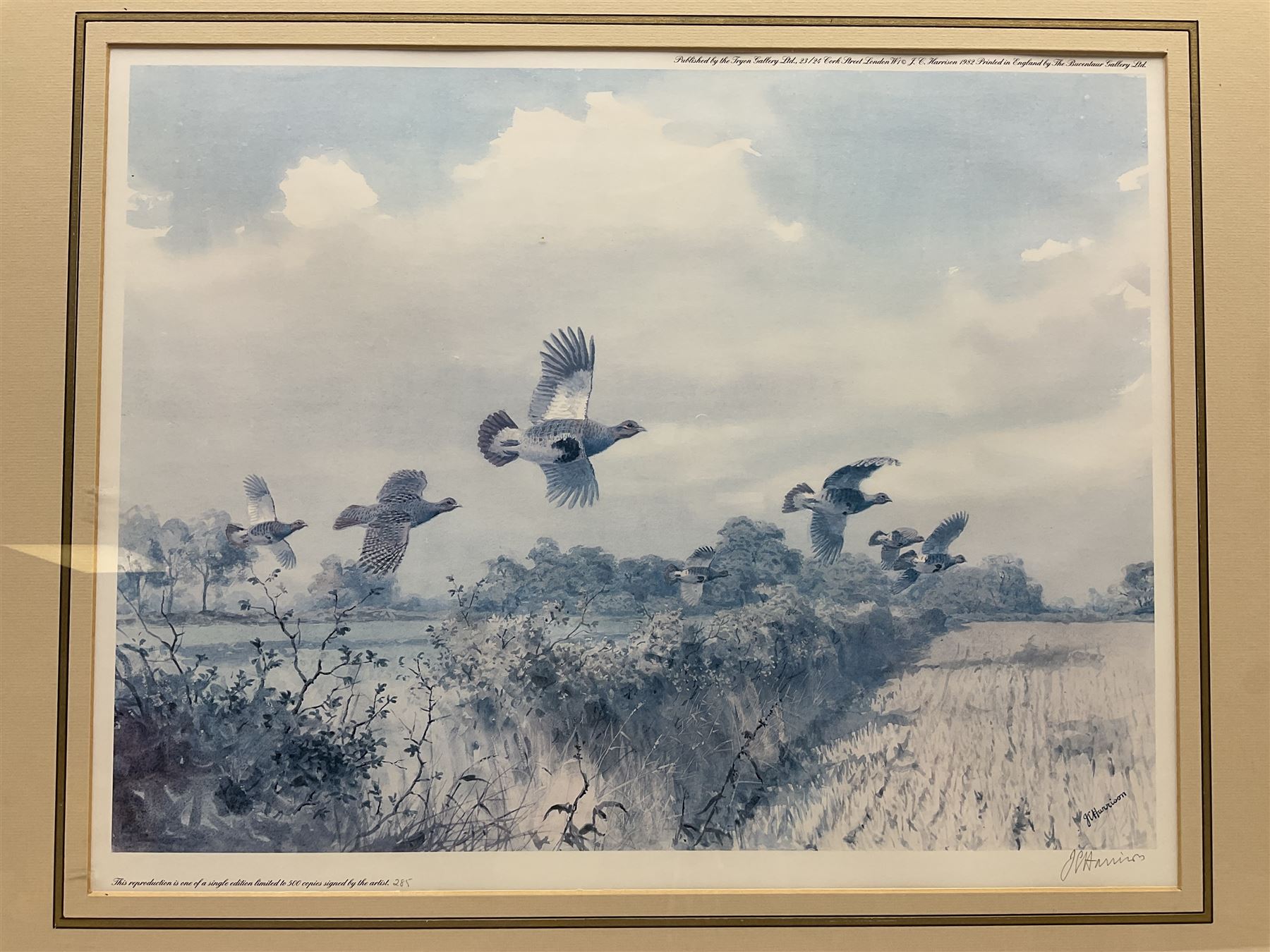 Five limited edition framed coloured prints of shooting interest comprising after C. Stanley Todd game birds taking flight in a mountainous lake landscape no.348/600; after J.C. Harrison game birds in flight over fields no.285/500; after Alan B. Hayman  'A Right and Left?' no.398/850; after Andy Beck 'Pheasant Drive' no.56/350; and after Leo Stans 'Autumn Air'; all signed on the mount; various frames (5)