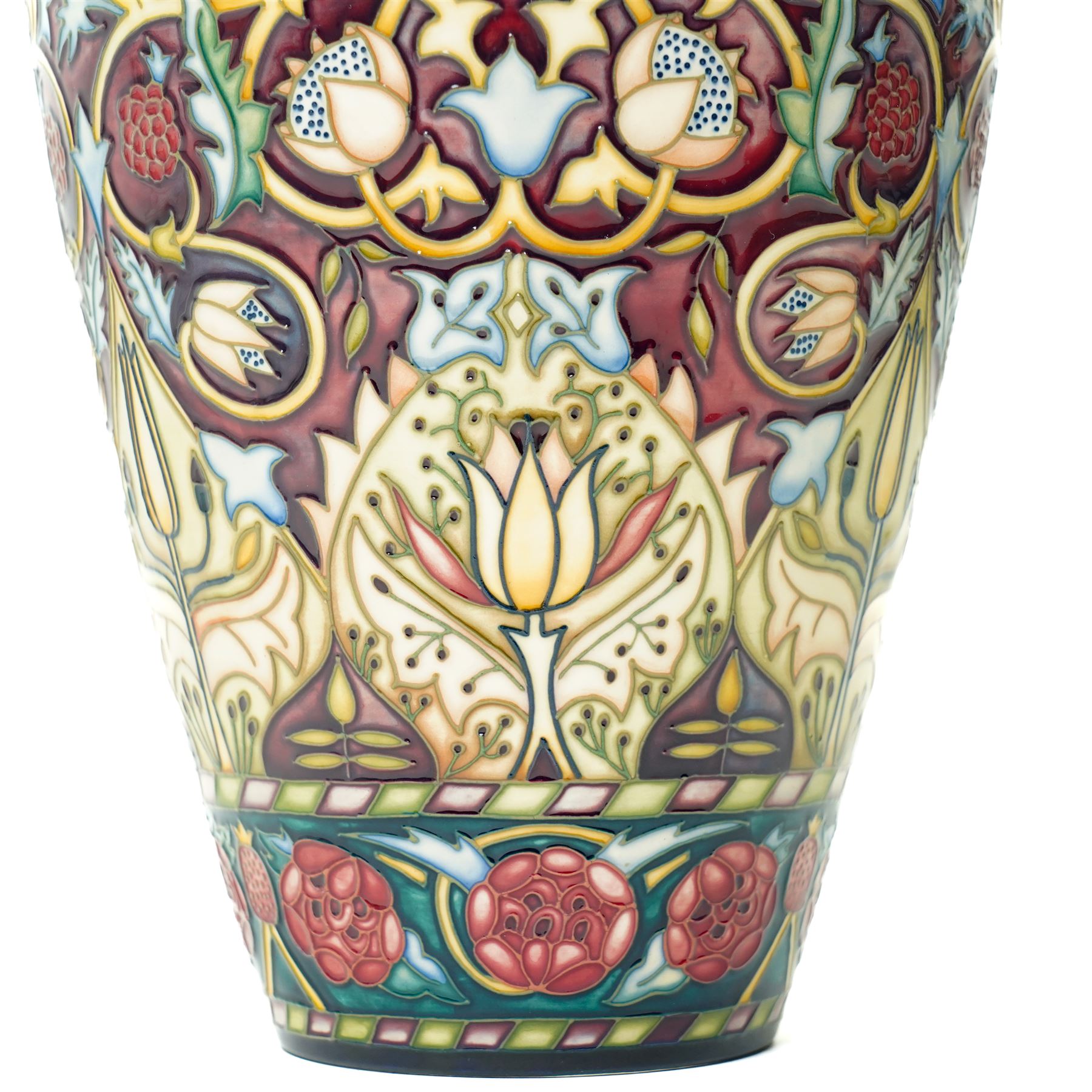 Moorcroft Bullers Wood pattern vase, of tapering form, decorated profusely with flowers, designed by Rachel Bishop, with impressed and painted marks to base, limited edition 87/100, H31cm