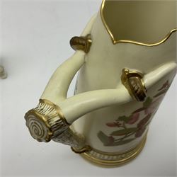 Royal Worcester tusk jug, blush ivory ground, with floral design, stamped 1116 to the base,, together with pair figures of a young boy and girl in the style on Kate Greenaway 