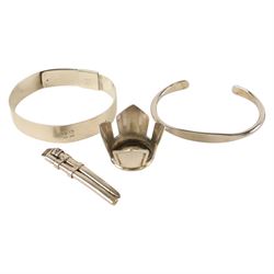 Two silver bangles, silver bottle collar etc