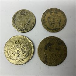 George III gaming tokens, various coin weights, Queen Victoria India 1877 two annas coin with The Lords Prayer engraved to the obverse (holed) and other paranumismatic items 