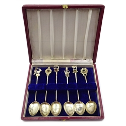 Set of six early 20th century Indian silver spoons with gemstone set finials stamped SS cased  