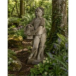 Haddonstone - weathered cast stone garden statue of a boy holding a basket of grapes, mode...